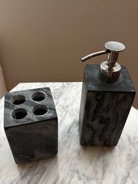 Gray Marble Bathroom Soap Dispenser and Toothbrush Holder Set